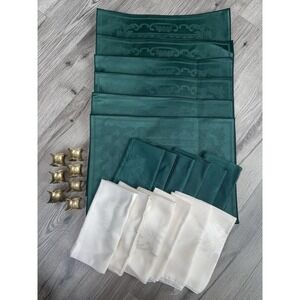 Vintage Prima‎ Vera DAMASK Green Placemats & Napkins, Brass Napkin Rings  25 PCS